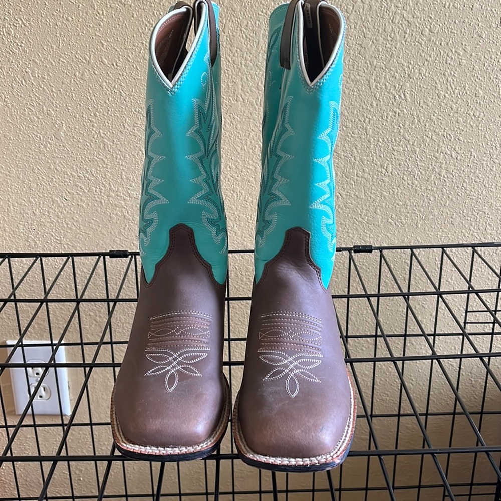 teal and brown boots